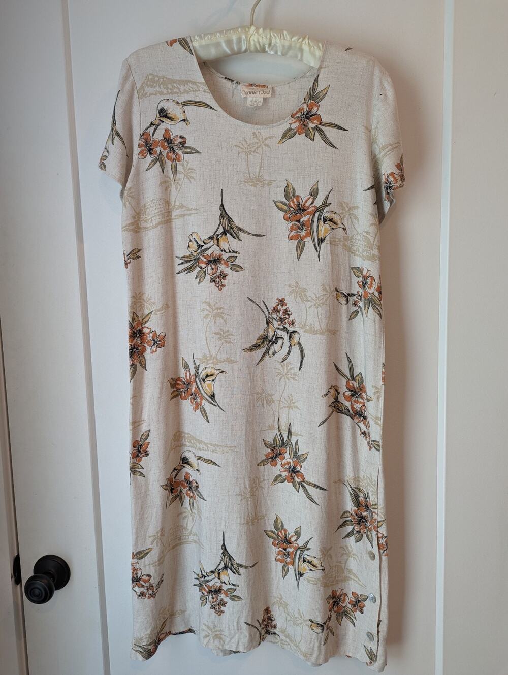 Connie Choi Women's Medium Beige Linen Floral Dress Casual Tropical Beach EUC